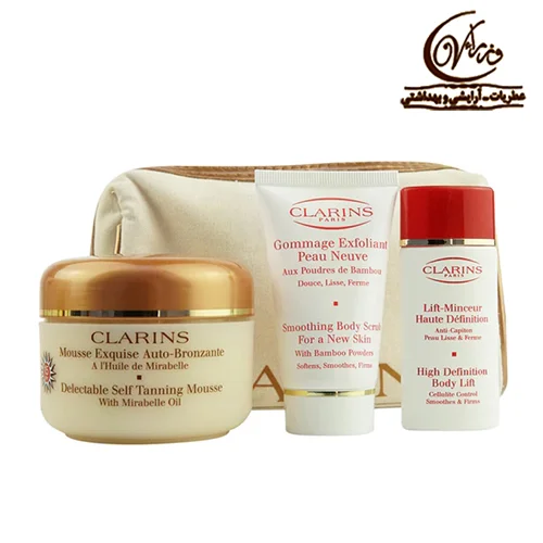 ست  برنزه هوشمند کلارنس برای درخشش تابستانی سالم 3 قطعه  با کیف  در جعبه   Clarins Smart Self Tanning For Healthy Summer Glow 3 Piece Gift Set With Bag Nib