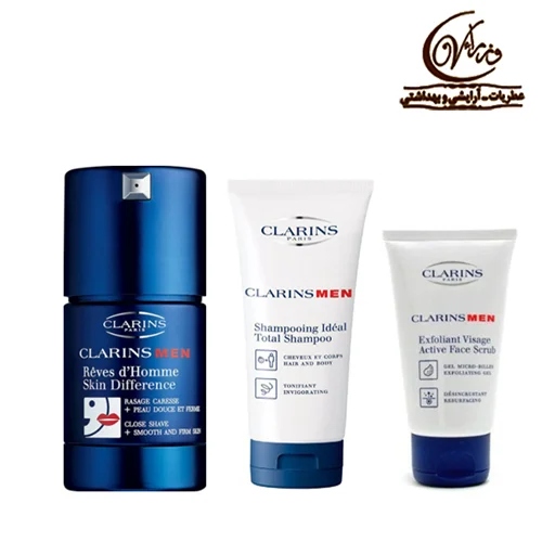 ست 3 تیکه مردانه کلارنس   Set of 3 pieces  Clarins Skin Difference for Close+ShaveTotal Shampoo+ACTIVE FACE SCRUB